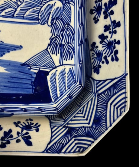 古伊万里 八角絵皿 [山水風景図] 染付 江戸 在銘 大皿 角皿 平皿 取り皿 盛り皿 飾り皿 伊万里 和食器 骨董品 アンティーク
