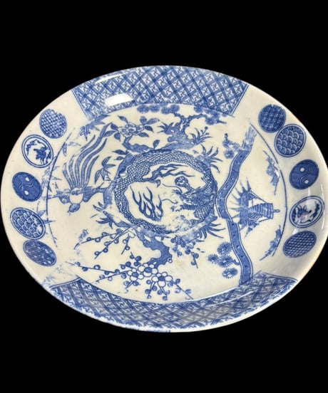 古伊万里 印判皿 鳳凰龍松竹梅風景図 染付 明治 平皿 丸皿 盛り皿 飾り皿 古伊万里 古美術 和食器 骨董品 アンティーク