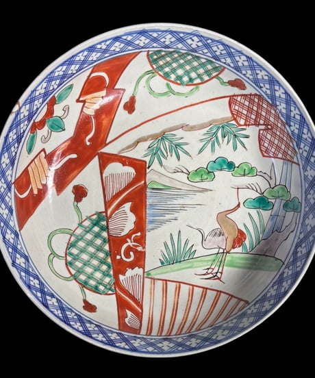 明治期 古伊万里 大鉢 双鶴草花文図 染付 赤絵 鶴 盛り鉢 色絵 鉢 取り皿 飾り皿 陶器 伊万里 時代物 骨董品 アンティーク