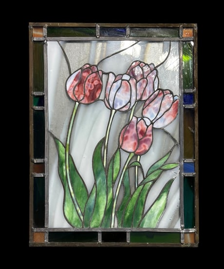 ステンドグラス チューリップの花 アート ガラス チューリップ 花 四角 パネル 装飾品 インテリア 骨董品 アンティーク ヴィンテージ