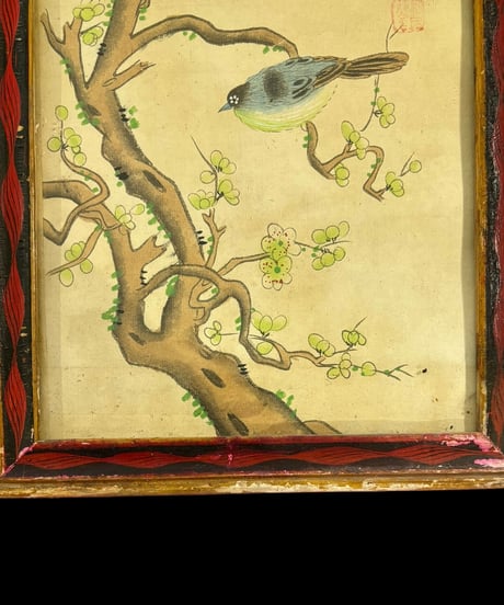 中国美術 絵画【草木鳥風景絵】額装 壁掛 額 扁額 五彩 色絵 民国 中国 古美術 アンティーク コレクション