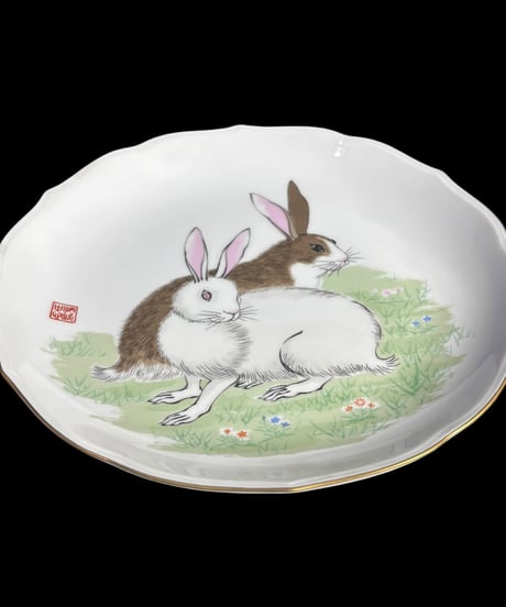 宮内庁御用達 深川製磁 有田焼 絵皿 ウサギ 兎 卯 色絵 干支 プレート 丸皿 取り皿 飾り皿 縁起皿 骨董品 アンティーク