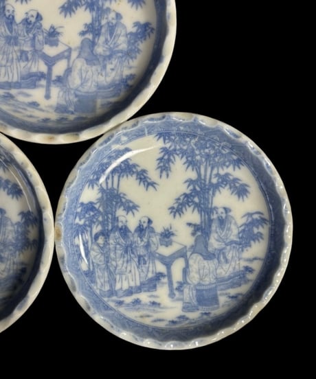 【5客セット】 古伊万里 染付 小皿 人物風景図 銘々皿 丸皿 和食器 伊万里 陶器 時代物 骨董品 アンティーク