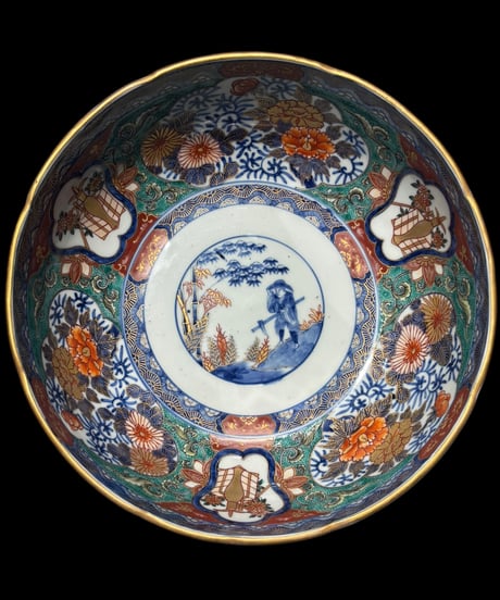 明治期 吉田嶋清作 錦地丼鉢 三ッ組 古伊万里 金彩 色絵 大鉢 人物風景菊文図 盛り皿 飾り皿 古伊万里 古美術 骨董品 アンティーク