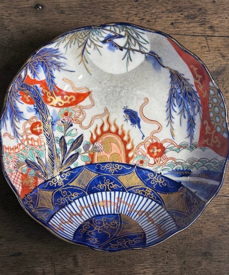 明治前期 古伊万里 染錦 中鉢 蛙草花文図 金彩 染付 盛り鉢 色絵 鉢 取り皿 飾り皿 陶器 伊万里 時代物 骨董品 アンティーク