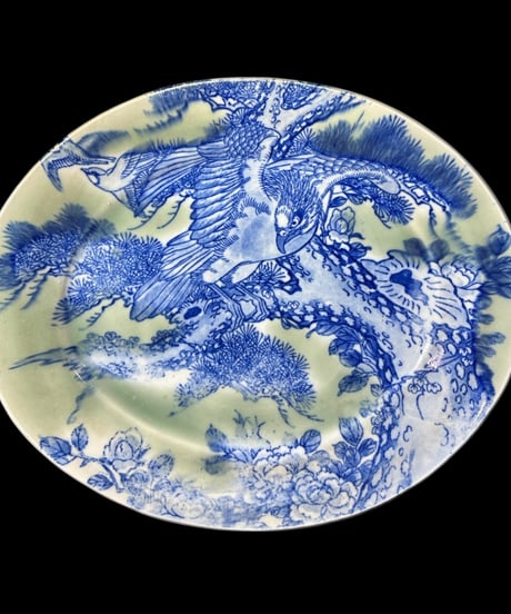 明治 古伊万里 鳥松草花図 青磁 鷲 楕円皿 伊万里 蔵出し 時代物 陶器 骨董品 アンティーク