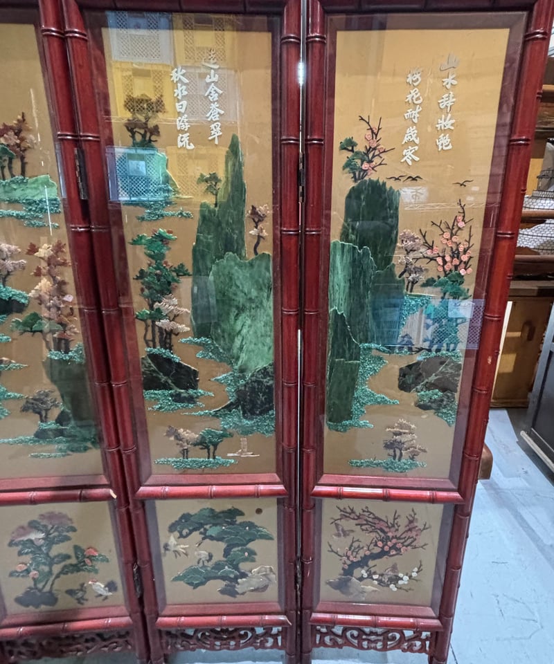 中国美術 時代唐物 玉石細工 4枚折 衝立 屏風 パーティション お