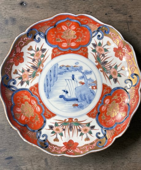 明治時代 古伊万里 金彩 赤絵 菊草花文図 風景 大皿 冨貴長春 取り皿 飾り皿 和食器 陶器 骨董品 アンティーク