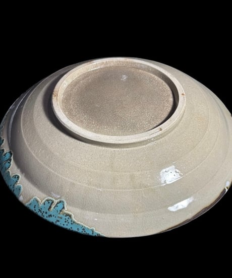 益子焼 柿釉青磁 十字文 装飾皿 大皿 丸皿 盛り皿 飾皿 古美術 和食器 時代物 骨董品 アンティーク