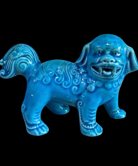 【2体セット】青獅子 ペア 唐獅子 中国 置物 美術品 縁起物 オブジェ 陶磁器 陶器 骨董品 アンティーク