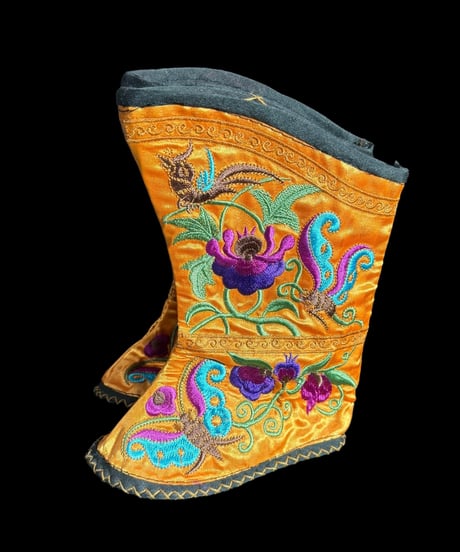 纏足の靴 [オレンジ] 中国雑貨 布靴 子供靴 刺繍靴 靴 中国 布 刺繡 手作り キッズ インテリア アンティーク