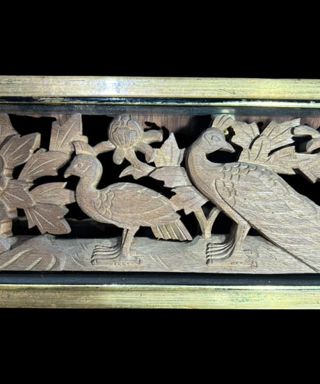 黄金欄間 寺院 透かし彫り [孔雀鶴雲草花] 木彫 古民家建具等 彫刻パーツ 飾り 縁起物 木彫り 工芸品 アンティーク