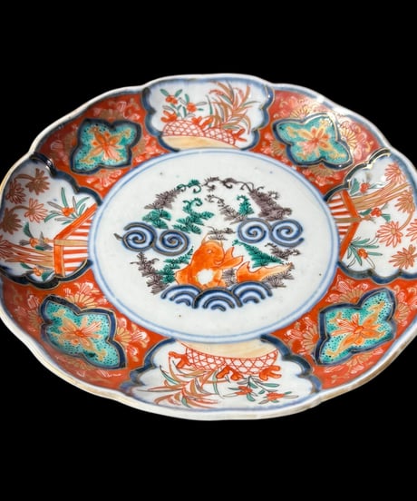明治時代 古伊万里 金彩 赤絵 鯉草花文図 大皿 取り皿 飾り皿 和食器 陶器 骨董品 アンティーク