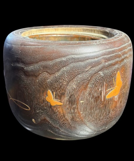 桐火鉢 手あぶり 蒔絵 煙草盆 蝶草花図 火鉢 陶器 時代物 古道具 骨董品 アンティーク