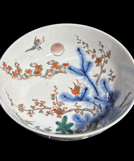 古伊万里 大鉢 鶴亀松竹梅 柿右衛門様式 色絵 鉢 取り皿 飾り皿 和食器 明治 伊万里 陶器 骨董品 アンティーク