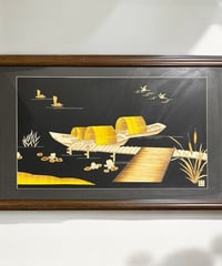中国現地買入 架け橋 船 切り絵 貼り絵 中国 鳥 蓮 風景 額 版画 アート イラスト 美術品 中国雑貨 コレクション 骨董品 アンティーク