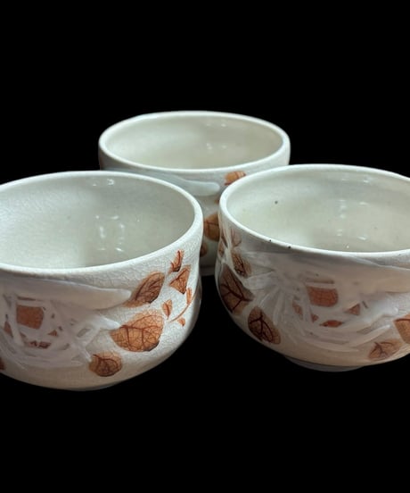 【3客セット】湯呑み 落ち葉 葉 コップ 贈呈品 茶器 器 茶碗 抹茶碗 食器 レトロ 骨董品 アンティーク