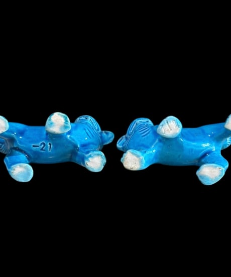 【2体セット】青獅子 ペア 唐獅子 中国 置物 美術品 縁起物 オブジェ 陶磁器 陶器 骨董品 アンティーク