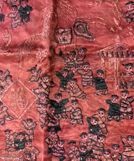 中国刺繍 [草花人物図] シルク 織物 テーブルクロス 布 タペストリー 中国雑貨 アンティーク