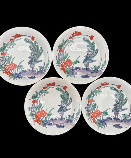 【4客セット】 古伊万里 染付 鳳凰松竹梅文図 色絵 平皿 飾皿 時代物 伊万里 骨董品 アンティーク