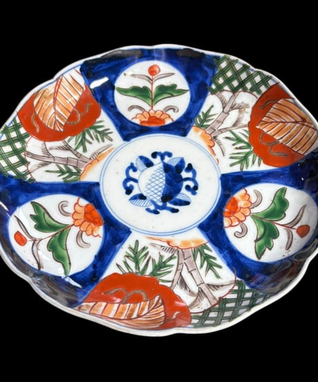 古伊万里 色絵【窓絵竹草花文】大皿 丸皿 盛り皿 飾り皿 和食器 古美術 和食器 骨董品 アンティーク