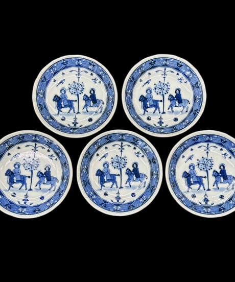 【5客セット】 美濃焼 赤峰作 シルクロード 玄冒窯 豆皿 染付 小皿 丸皿 銘々皿 和食器 骨董品 アンティーク