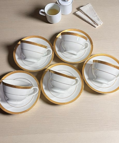 【5客揃】Noritake Contemporary カップ&ソーサー ノリタケ コンテンポラリー ゴールド マグカップ 紅茶 コーヒー カップ 器 昭和 レトロ 骨董品 アンティーク