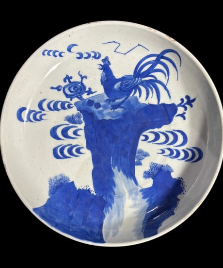 古伊万里 永貴 鶏 染付 大皿 鶏文 在銘 丸皿 平皿 取り皿 盛り皿 飾り皿 和食器 骨董品 アンティーク