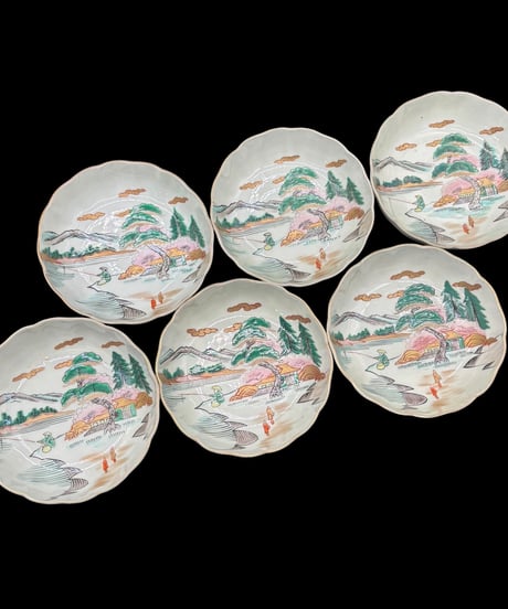 【6客セット】 古伊万里 なます皿 金彩 松竹梅 山水風景図 色絵 膾皿 和食器 時代物 陶器 骨董品 アンティーク