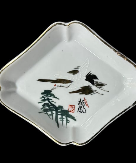 【2客セット】色絵 菱形皿 [鶴 松] 時代物 角皿 小皿 取り皿 盛り皿 飾り皿 レトロ 昭和初期 和食器 骨董品 アンティーク