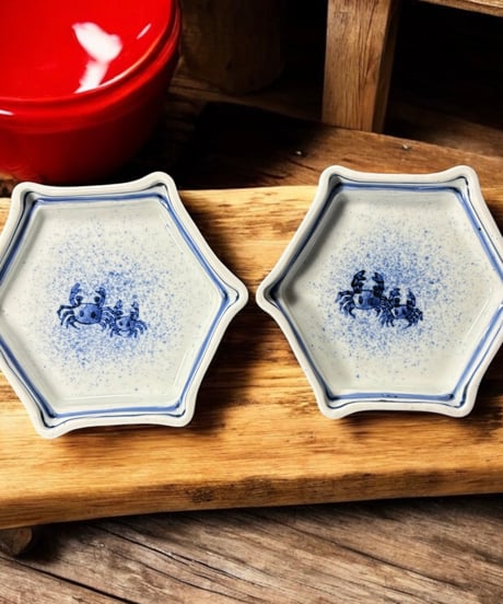 【2客セット】染付 六角小鉢 カニ 小皿 小鉢 蟹 取り皿 盛り皿 飾り皿 和食器 骨董品 アンティーク