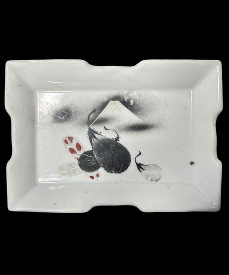 【2客セット】色絵 四角皿 [富士 ナス] 時代物 角皿 変形皿 小皿 取り皿 盛り皿 飾り皿 レトロ 昭和初期 和食器 骨董品 アンティーク