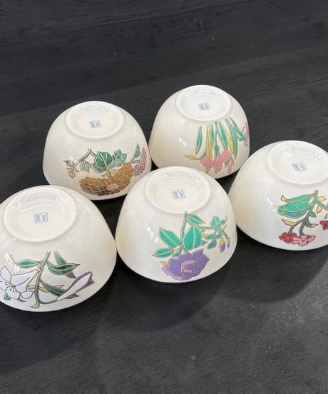 【5客セット】 青嵐窯 季節花柄 楕円小鉢 茶碗 小鉢 花柄 和食器 工芸品 骨董品 アンティーク