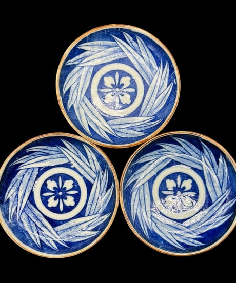 【3客セット】 古伊万里 印判皿 笹文図 染付 小皿 丸皿 平皿 和食器 時代物 骨董品 アンティーク