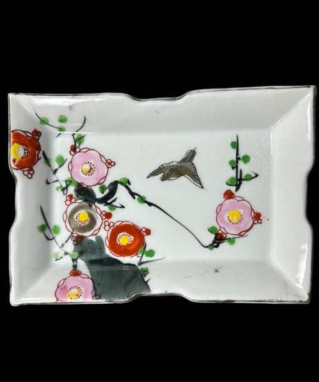【2客セット】色絵 四角皿 [梅 鳥] 時代物 角皿 変形皿 小皿 取り皿 盛り皿 飾り皿 レトロ 昭和初期 和食器 骨董品 アンティーク