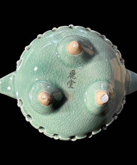 高麗青磁 網目 三足香炉 麗堂 香炉 香道具 桐箱 美術品 インテリア 置物 陶器 韓国 時代物 骨董品 アンティーク