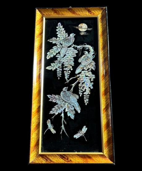 螺鈿細工 額装【鳥月トンボ草花絵】螺鈿 絵画 韓国美術 壁掛 額 色絵 古美術 アンティーク コレクション
