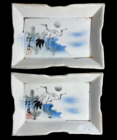 【2客セット】印判角皿 松月 [鶴松月] 江戸 色絵 伊万里 四角皿 盛り皿 飾り皿 古伊万里 古美術 和食器 骨董品 アンティーク