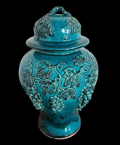 蓋付き 壺 [葡萄] 中国雑貨 フラワーベース 花瓶 花入れ 丸壺 花器 陶器 ブドウ ぶどう 古美術 骨董品