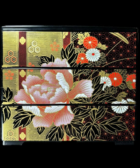 三段重 黒漆塗 色絵 金彩牡丹紋 重箱 菓子入 共箱 時代物 古美術 和食器 骨董品 アンティーク