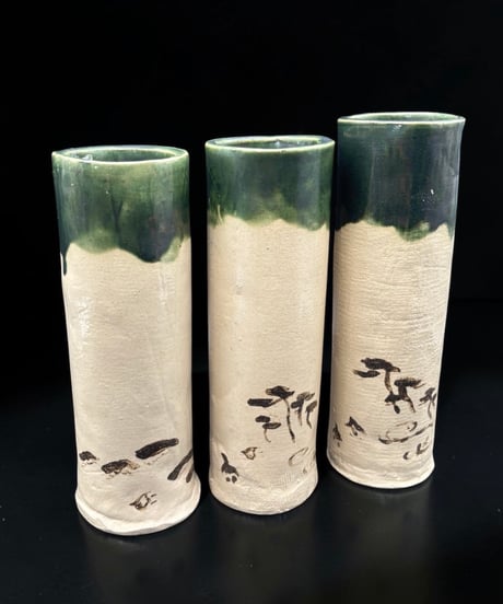 【3個セット】 織部焼 花入 緑釉 花瓶 花生け 花器 菓子器 織部 陶器 インテリア 工芸品 骨董品 アンティーク