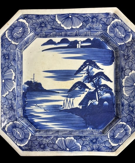 古伊万里 八角絵皿 [山水風景図] 染付 年代物 大皿 角皿 平皿 取り皿 盛り皿 飾り皿 伊万里 和食器 骨董品 アンティーク
