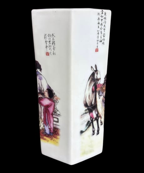 六角壺 [漢詩松竹賢人図] 中国雑貨 壺 フラワーベース 花瓶 花入れ 丸壺 花器 陶器 古美術 骨董品 アンティーク
