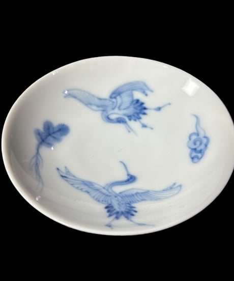 瀬戸焼 双鶴 酒盃 染付 祝杯 小皿 鶴絵 和食器 骨董品 アンティーク
