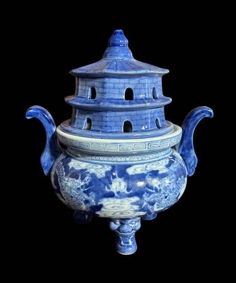 染付 龍 三足 香炉 香道具 美術品 インテリア 置物 陶器 中国 時代物 骨董品 アンティーク