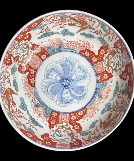 古伊万里 大鉢 [雲龍鶴草花文図] 色絵 鉢 丸皿 取り皿 飾り皿 和食器 江戸 伊万里 陶器 骨董品 アンティーク