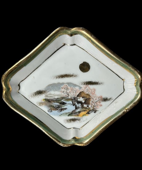 【2客セット】色絵 菱形皿 [梅 風景] 時代物 角皿 小皿 取り皿 盛り皿 飾り皿 レトロ 昭和初期 和食器 骨董品 アンティーク