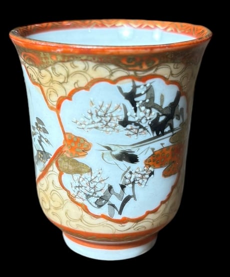 【希少!!】九谷造 お猪口 色絵 金彩 [松竹梅鳥文風景窓絵 粉彩人物絵] ぐい呑 コップ 湯呑み 久谷 古久谷 和食器 骨董品 アンティーク