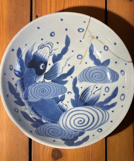 金継ぎ 古染付 鯉 魚文図 大皿 丸皿 取り皿 盛り皿 飾り皿 明治 古美術