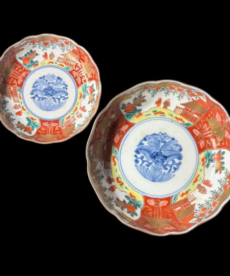 【2客セット】 明治時代 古伊万里 金彩 赤絵 草花人物風景文図 小皿 なます皿 冨貴長春 取り皿 飾り皿 和食器 陶器 骨董品 アンティーク
